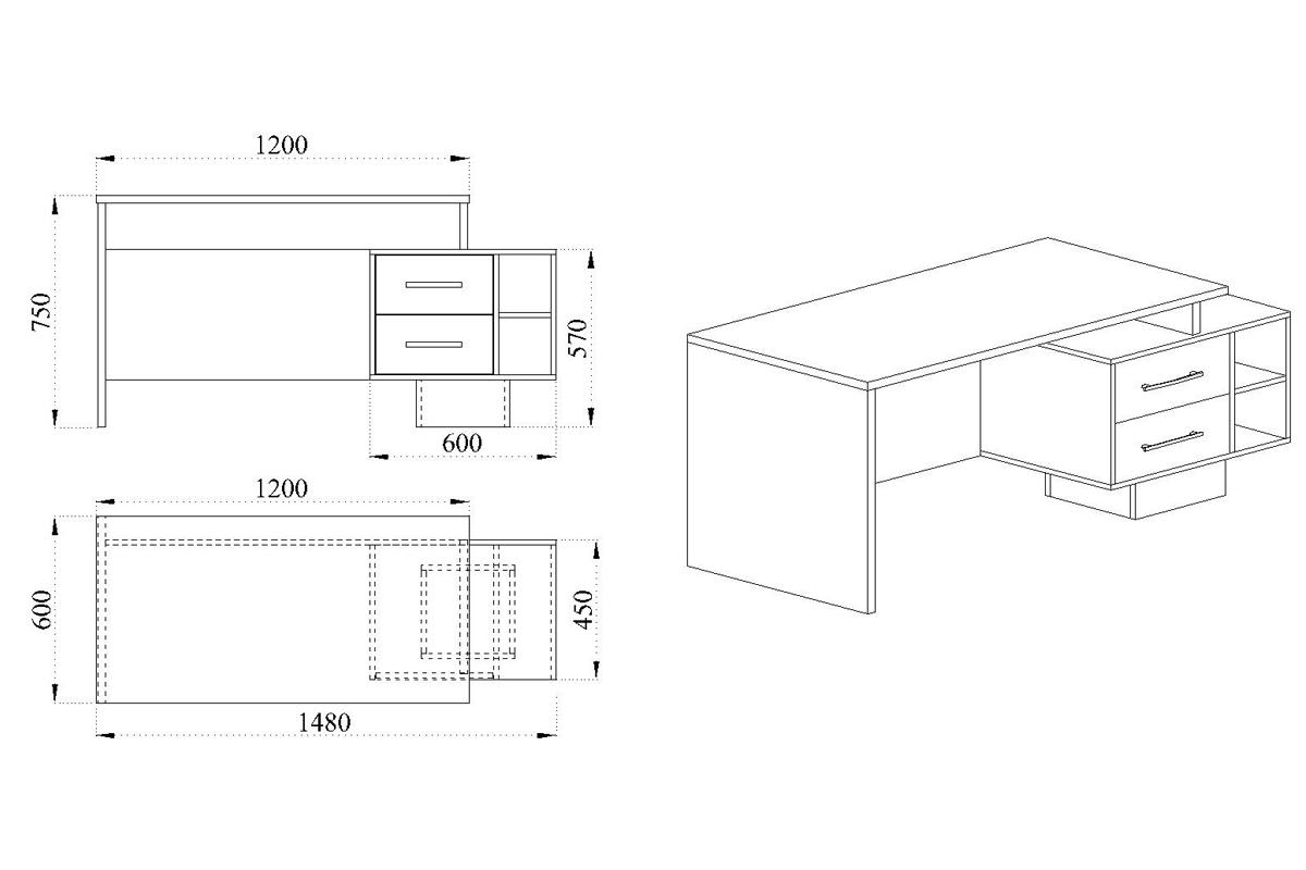 Γραφείο Grand-47 αναστρέψιμο Arwen Oak 2 συρτάρια MDF Gray cobalt 2 ράφια 148x60x75εκ. μελαμίνης - Image 3