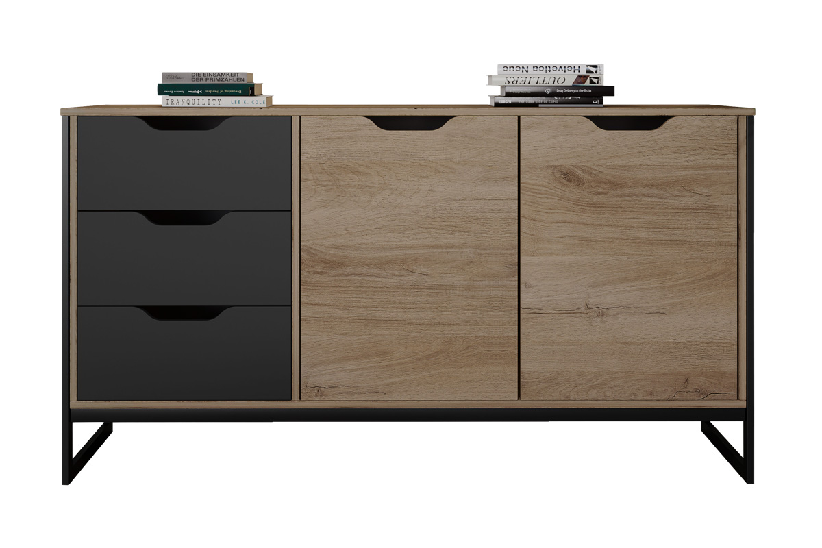 Μπουφές 3080 Ξύλινο Arwen Oak- Graphite με 2 πόρτες 3 συρτάρια 2 ράφια 160,5x40,5x80εκ. μαύρος μεταλλικός σκελετός