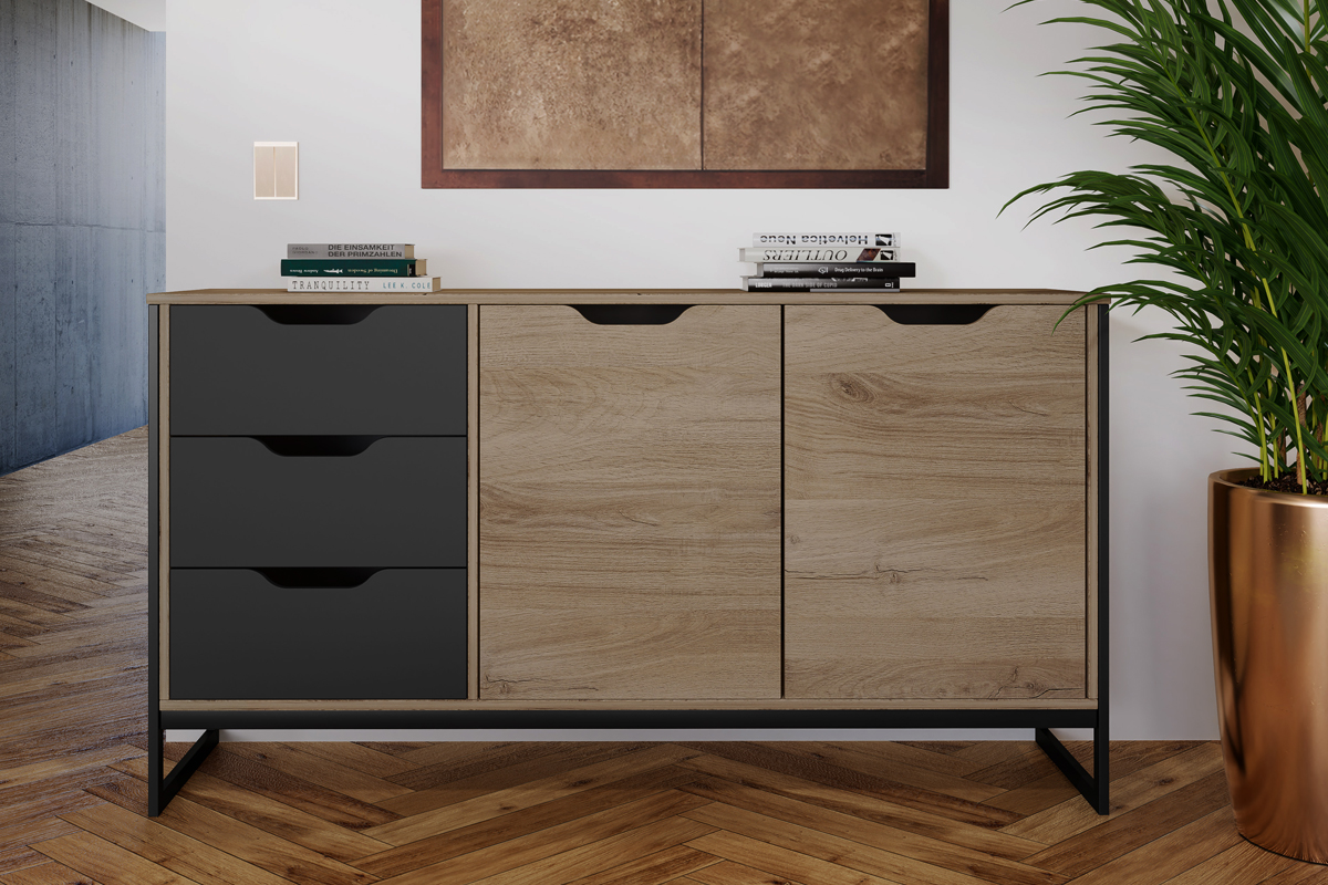 Μπουφές 3080 Ξύλινο Arwen Oak- Graphite με 2 πόρτες 3 συρτάρια 2 ράφια 160,5x40,5x80εκ. μαύρος μεταλλικός σκελετός - Image 2
